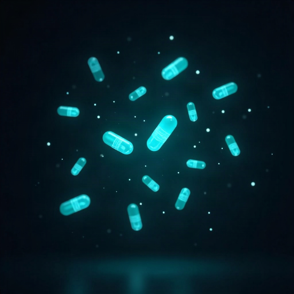 Glowing capsules and molecules in teal light — nootropics for focus, illustrated