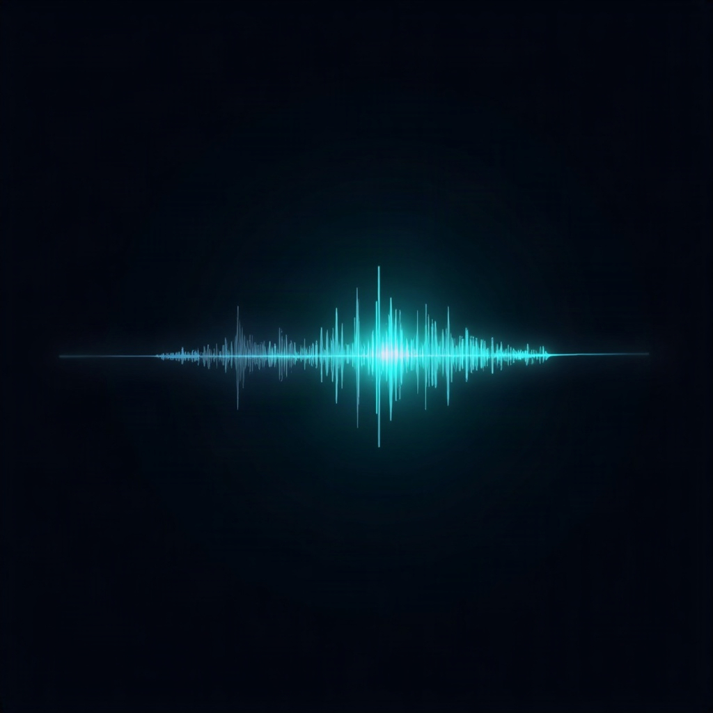 A glowing audio waveform turning into a forward arrow, teal and cyan